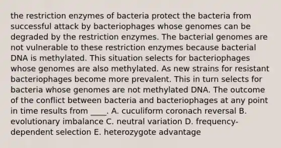 the restriction enzymes of bacteria protect the bacteria from successful attack by bacteriophages whose genomes can be degraded by the restriction enzymes. The bacterial genomes are not vulnerable to these restriction enzymes because bacterial DNA is methylated. This situation selects for bacteriophages whose genomes are also methylated. As new strains for resistant bacteriophages become more prevalent. This in turn selects for bacteria whose genomes are not methylated DNA. The outcome of the conflict between bacteria and bacteriophages at any point in time results from ____. A. cuculiform coronach reversal B. evolutionary imbalance C. neutral variation D. frequency-dependent selection E. heterozygote advantage