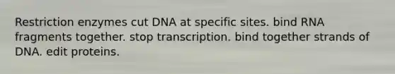 Restriction enzymes cut DNA at specific sites. bind RNA fragments together. stop transcription. bind together strands of DNA. edit proteins.