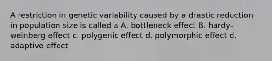 A restriction in genetic variability caused by a drastic reduction in population size is called a A. bottleneck effect B. hardy-weinberg effect c. polygenic effect d. polymorphic effect d. adaptive effect