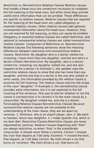 Restrictive vs. Nonrestrictive Relative Clauses Relative clauses that modify a head noun are sometimes necessary to complete the full meaning of the head noun, but other times they provide useful extra information that can be omitted. These differences are specific to relative clauses. Relative clauses that are required for full meaning of the head noun are called obligatory or essential relative clauses. Other relative clauses add optional, nonessential information about the head noun. However, they are not required for full meaning, so they can easily be omitted. Obligatory or essential relative clauses are called restrictive, and optional or nonessential relative clauses are called nonrestrictive relative clauses. Comparison of Restrictive vs. Nonrestrictive Relative Clauses The following sentences show the meaning differences between restrictive and nonrestrictive relative clauses. Restrictive: My daughter who is a doctor visited me. (meaning: I have more than one daughter, and the one who's a doctor visited.) Nonrestrictive: My daughter, who is a doctor, visited me. (meaning: my daughter visited me, and she also happens to be a doctor.) In Example 1, the speaker uses the restrictive relative clause to show that she has more than one daughter, and the one that is a doctor is the one who visited. In other words, the information provided by the relative clause is essential for full meaning. The relative clause restricts the scope of the noun "daughter." In Example 2, the nonrestrictive clause provides extra information, but it is not essential to the full meaning of the sentence. One way to test for whether or not the clause is nonrestrictive is to connect it to the main clause by a conjunction: My daughter visited me, and she is a doctor. Punctuating Relative Clauses Nonrestrictive Clauses Because nonrestrictive relative clauses are not essential to the understanding of the main clause, they are set apart by commas. 1. Simmons, who is an expert player, won. 2. We went to Sweden, which was delightful. 3. I made Spanish rice, which is my best dish. Restrictive Clauses Restrictive clauses are never separated by commas. Relative Clauses beginning with "that" are always restrictive, so when "that" is the subordinate conjunction, it should never follow a comma. Correct: I missed the train that departs at 7:00 daily. Incorrect: *I missed the train, that departs, at 7:00 daily Correct: My mom drives a car that burns oil. Incorrect: *My mom drives a car, that burns oil.