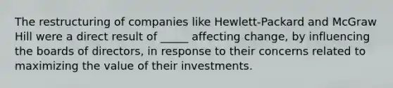 The restructuring of companies like Hewlett-Packard and McGraw Hill were a direct result of _____ affecting change, by influencing the boards of directors, in response to their concerns related to maximizing the value of their investments.