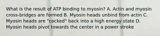 What is the result of ATP binding to myosin? A. Actin and myosin cross-bridges are formed B. Myosin heads unbind from actin C. Myosin heads are "cocked" back into a high energy state D. Myosin heads pivot towards the center in a power stroke