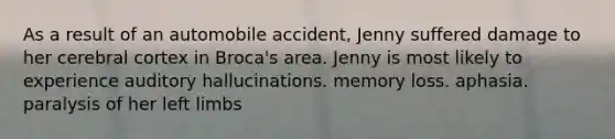 As a result of an automobile accident, Jenny suffered damage to her cerebral cortex in Broca's area. Jenny is most likely to experience auditory hallucinations. memory loss. aphasia. paralysis of her left limbs