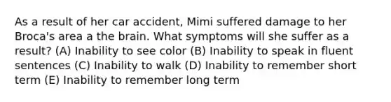 As a result of her car accident, Mimi suffered damage to her Broca's area a the brain. What symptoms will she suffer as a result? (A) Inability to see color (B) Inability to speak in fluent sentences (C) Inability to walk (D) Inability to remember short term (E) Inability to remember long term