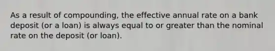 As a result of compounding, the effective annual rate on a bank deposit (or a loan) is always equal to or greater than the nominal rate on the deposit (or loan).