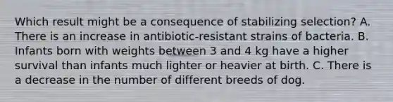 Which result might be a consequence of stabilizing selection? A. There is an increase in antibiotic-resistant strains of bacteria. B. Infants born with weights between 3 and 4 kg have a higher survival than infants much lighter or heavier at birth. C. There is a decrease in the number of different breeds of dog.