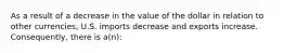 As a result of a decrease in the value of the dollar in relation to other currencies, U.S. imports decrease and exports increase. Consequently, there is a(n):