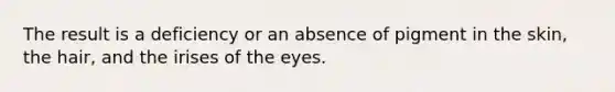 The result is a deficiency or an absence of pigment in the skin, the hair, and the irises of the eyes.