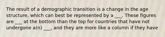 The result of a demographic transition is a change in the age structure, which can best be represented by a ___. These figures are ___ at the bottom than the top for countries that have not undergone a(n) ___, and they are more like a column if they have