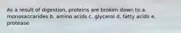 As a result of digestion, proteins are broken down to a. monosaccarides b. amino acids c. glycerol d. fatty acids e. protease