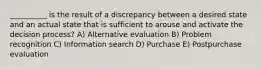 __________ is the result of a discrepancy between a desired state and an actual state that is sufficient to arouse and activate the decision process? A) Alternative evaluation B) Problem recognition C) Information search D) Purchase E) Postpurchase evaluation