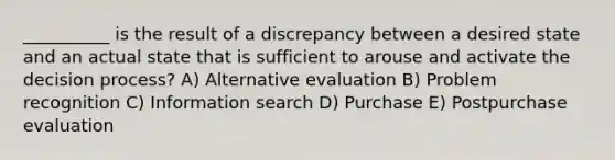 __________ is the result of a discrepancy between a desired state and an actual state that is sufficient to arouse and activate the decision process? A) Alternative evaluation B) Problem recognition C) Information search D) Purchase E) Postpurchase evaluation