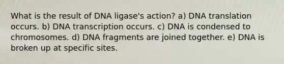 What is the result of DNA ligase's action? a) DNA translation occurs. b) DNA transcription occurs. c) DNA is condensed to chromosomes. d) DNA fragments are joined together. e) DNA is broken up at specific sites.