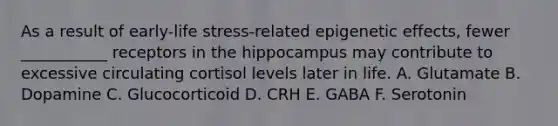 As a result of early-life stress-related epigenetic effects, fewer ___________ receptors in the hippocampus may contribute to excessive circulating cortisol levels later in life. A. Glutamate B. Dopamine C. Glucocorticoid D. CRH E. GABA F. Serotonin