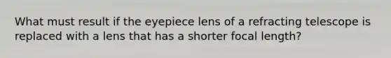 What must result if the eyepiece lens of a refracting telescope is replaced with a lens that has a shorter focal length?