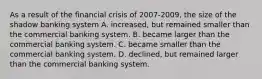 As a result of the financial crisis of 2007-2009, the size of the shadow banking system A. ​increased, but remained smaller than the commercial banking system. B. became larger than the commercial banking system. C. became smaller than the commercial banking system. D. ​declined, but remained larger than the commercial banking system.