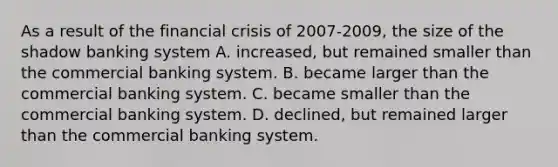 As a result of the financial crisis of 2007-2009, the size of the shadow banking system A. ​increased, but remained smaller than the commercial banking system. B. became larger than the commercial banking system. C. became smaller than the commercial banking system. D. ​declined, but remained larger than the commercial banking system.