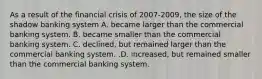 As a result of the financial crisis of 2007-​2009, the size of the shadow banking system A. became larger than the commercial banking system. B. became smaller than the commercial banking system. C. ​declined, but remained larger than the commercial banking system. .D. ​increased, but remained smaller than the commercial banking system.