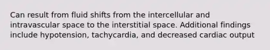 Can result from fluid shifts from the intercellular and intravascular space to the interstitial space. Additional findings include hypotension, tachycardia, and decreased cardiac output