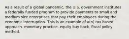 As a result of a global pandemic, the U.S. government institutes a federally funded program to provide payments to small and medium size enterprises that pay their employees during the economic interruption. This is an example of a(n) tax based approach. monetary practice. equity buy back. fiscal policy method.