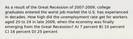 As a result of the Great Recession of 2007-2009, college graduates entered the worst job market the U.S. has experienced in decades. How high did the unemployment rate get for workers aged 20 to 24 in late 2009, when the economy was finally emerging from the Great Recession? A) 7 percent B) 10 percent C) 16 percent D) 25 percent