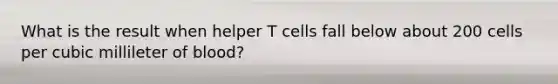 What is the result when helper T cells fall below about 200 cells per cubic millileter of blood?