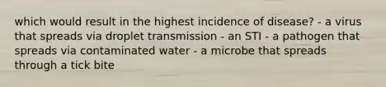 which would result in the highest incidence of disease? - a virus that spreads via droplet transmission - an STI - a pathogen that spreads via contaminated water - a microbe that spreads through a tick bite