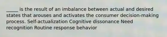 _____ is the result of an imbalance between actual and desired states that arouses and activates the consumer decision-making process. Self-actualization Cognitive dissonance Need recognition Routine response behavior