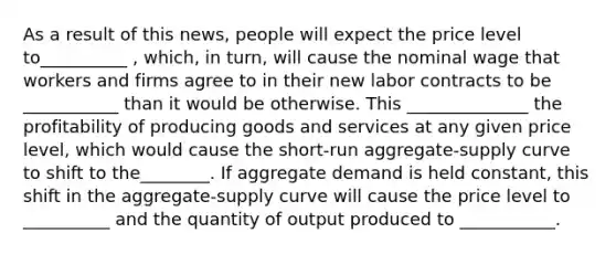 As a result of this news, people will expect the price level to__________ , which, in turn, will cause the nominal wage that workers and firms agree to in their new labor contracts to be ___________ than it would be otherwise. This ______________ the profitability of producing goods and services at any given price level, which would cause the short-run aggregate-supply curve to shift to the________. If aggregate demand is held constant, this shift in the aggregate-supply curve will cause the price level to __________ and the quantity of output produced to ___________.