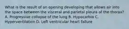 What is the result of an opening developing that allows air into the space between the visceral and parietal pleura of the​ thorax? A. Progressive collapse of the lung B. Hypocarbia C. Hyperventilation D. Left ventricular heart failure