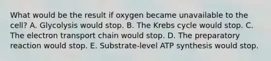 What would be the result if oxygen became unavailable to the cell? A. Glycolysis would stop. B. The Krebs cycle would stop. C. The electron transport chain would stop. D. The preparatory reaction would stop. E. Substrate-level ATP synthesis would stop.