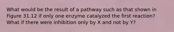 What would be the result of a pathway such as that shown in Figure 31.12 if only one enzyme catalyzed the first reaction? What if there were inhibition only by X and not by Y?