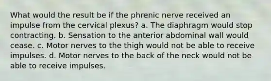 What would the result be if the phrenic nerve received an impulse from the cervical plexus? a. The diaphragm would stop contracting. b. Sensation to the anterior abdominal wall would cease. c. Motor nerves to the thigh would not be able to receive impulses. d. Motor nerves to the back of the neck would not be able to receive impulses.