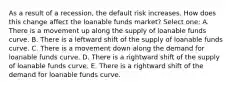 As a result of a recession, the default risk increases. How does this change affect the loanable funds market? Select one: A. There is a movement up along the supply of loanable funds curve. B. There is a leftward shift of the supply of loanable funds curve. C. There is a movement down along the demand for loanable funds curve. D. There is a rightward shift of the supply of loanable funds curve. E. There is a rightward shift of the demand for loanable funds curve.