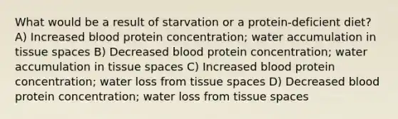 What would be a result of starvation or a protein-deficient diet? A) Increased blood protein concentration; water accumulation in tissue spaces B) Decreased blood protein concentration; water accumulation in tissue spaces C) Increased blood protein concentration; water loss from tissue spaces D) Decreased blood protein concentration; water loss from tissue spaces