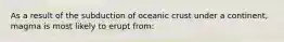 As a result of the subduction of oceanic crust under a continent, magma is most likely to erupt from: