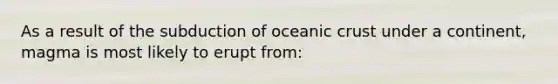 As a result of the subduction of oceanic crust under a continent, magma is most likely to erupt from: