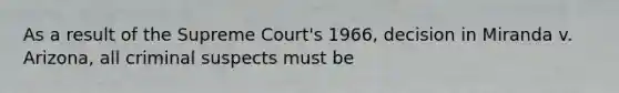 As a result of the Supreme Court's 1966, decision in Miranda v. Arizona, all criminal suspects must be