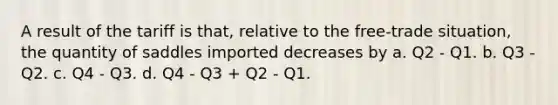 A result of the tariff is that, relative to the free-trade situation, the quantity of saddles imported decreases by a. Q2 - Q1. b. Q3 - Q2. c. Q4 - Q3. d. Q4 - Q3 + Q2 - Q1.