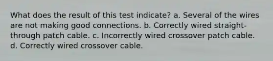 What does the result of this test indicate? a. Several of the wires are not making good connections. b. Correctly wired straight-through patch cable. c. Incorrectly wired crossover patch cable. d. Correctly wired crossover cable.