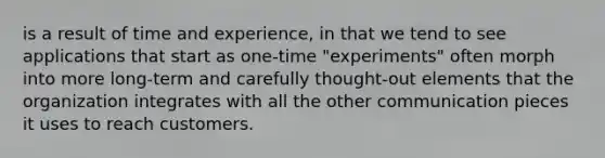 is a result of time and experience, in that we tend to see applications that start as one-time "experiments" often morph into more long-term and carefully thought-out elements that the organization integrates with all the other communication pieces it uses to reach customers.