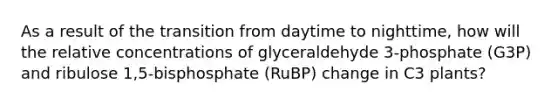 As a result of the transition from daytime to nighttime, how will the relative concentrations of glyceraldehyde 3-phosphate (G3P) and ribulose 1,5-bisphosphate (RuBP) change in C3 plants?