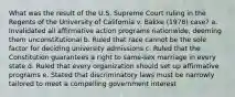 What was the result of the U.S. Supreme Court ruling in the Regents of the University of California v. Bakke (1978) case? a. Invalidated all affirmative action programs nationwide, deeming them unconstitutional b. Ruled that race cannot be the sole factor for deciding university admissions c. Ruled that the Constitution guarantees a right to same-sex marriage in every state d. Ruled that every organization should set up affirmative programs e. Stated that discriminatory laws must be narrowly tailored to meet a compelling government interest