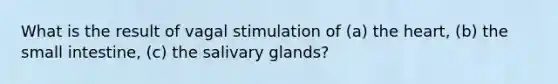 What is the result of vagal stimulation of (a) <a href='https://www.questionai.com/knowledge/kya8ocqc6o-the-heart' class='anchor-knowledge'>the heart</a>, (b) <a href='https://www.questionai.com/knowledge/kt623fh5xn-the-small-intestine' class='anchor-knowledge'>the small intestine</a>, (c) the salivary glands?