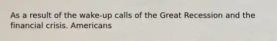 As a result of the wake-up calls of the Great Recession and the <a href='https://www.questionai.com/knowledge/kf16HD8YVu-financial-crisis' class='anchor-knowledge'>financial crisis</a>. Americans