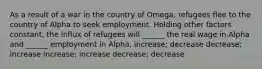 As a result of a war in the country of Omega, refugees flee to the country of Alpha to seek employment. Holding other factors constant, the influx of refugees will ______ the real wage in Alpha and ______ employment in Alpha. increase; decrease decrease; increase increase; increase decrease; decrease