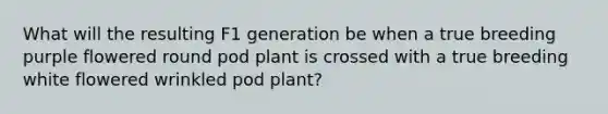 What will the resulting F1 generation be when a true breeding purple flowered round pod plant is crossed with a true breeding white flowered wrinkled pod plant?