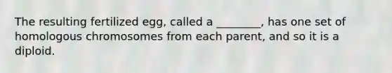 The resulting fertilized egg, called a ________, has one set of homologous chromosomes from each parent, and so it is a diploid.