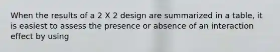 When the results of a 2 X 2 design are summarized in a table, it is easiest to assess the presence or absence of an interaction effect by using