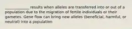 _____________ results when alleles are transferred into or out of a population due to the migration of fertile individuals or their gametes. Gene flow can bring new alleles (beneficial, harmful, or neutral) into a population